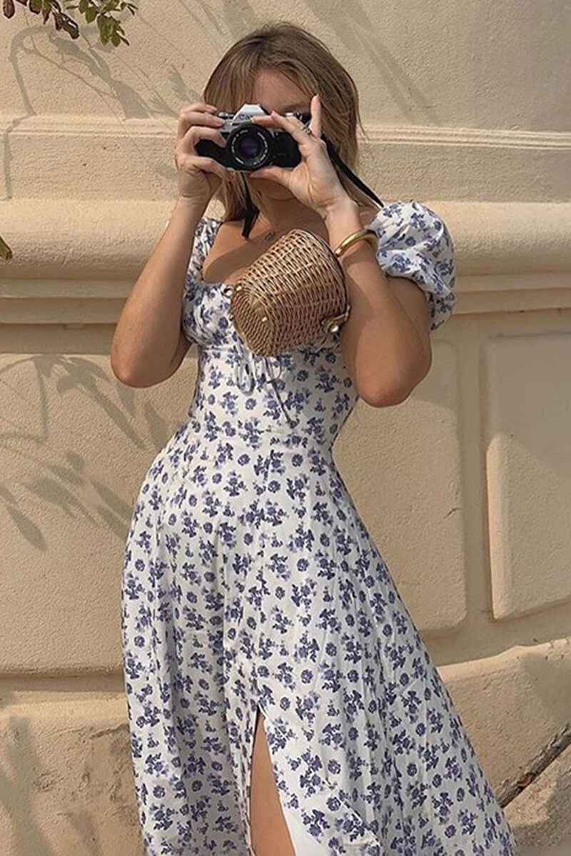 Venecia - Vestido midi con abertura en las mangas abullonadas