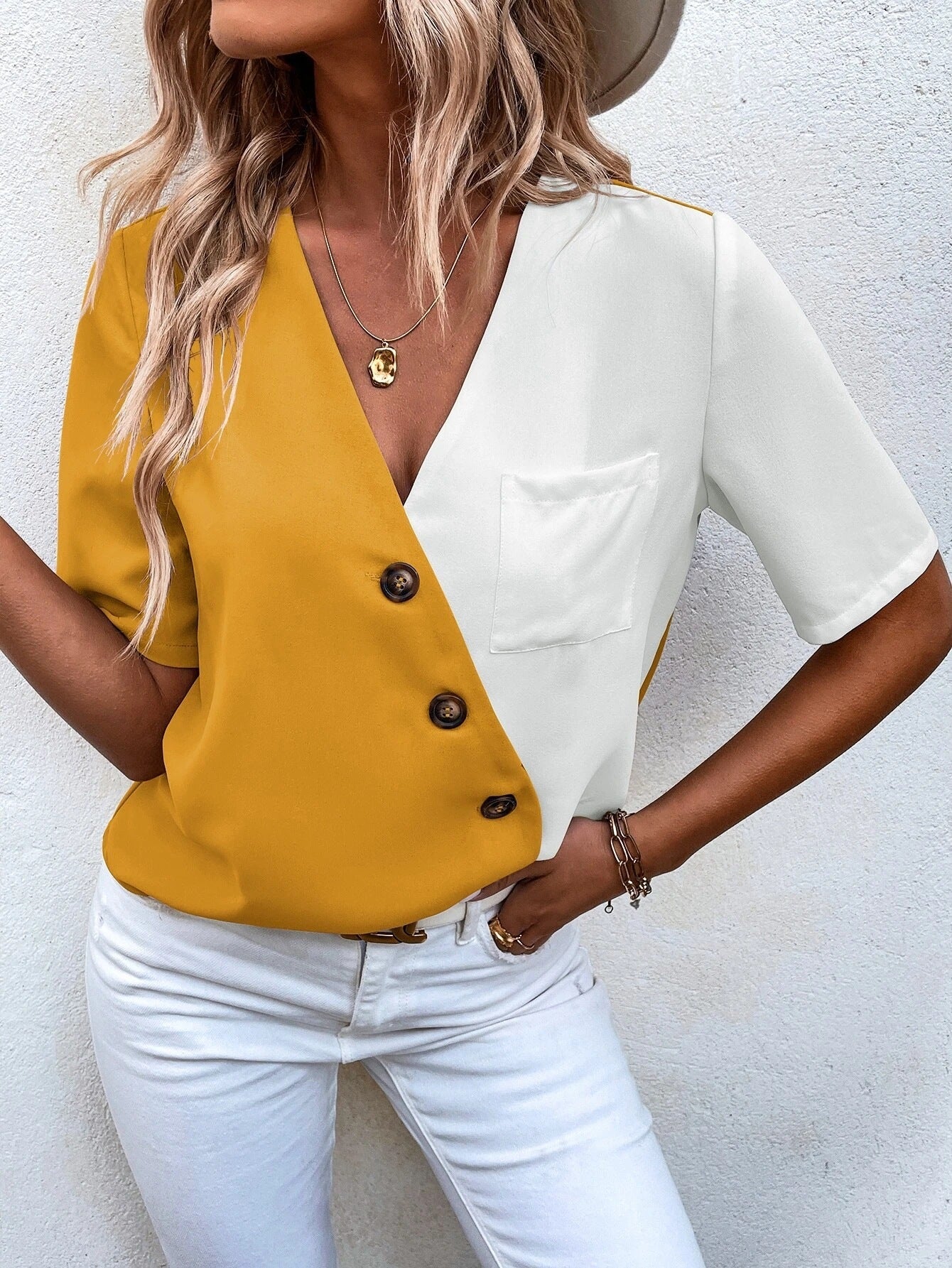 Lean - Blusa elegante de manga corta con cuello en V y bloques de color