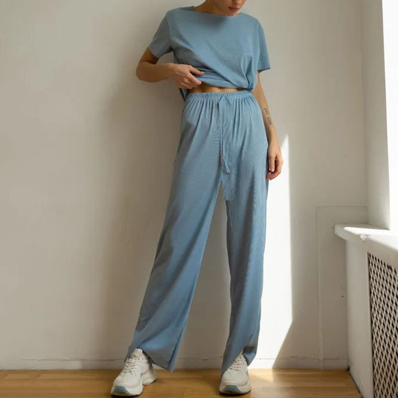 Beatriz - Conjunto casual de top de manga corta y pantalón de pierna ancha