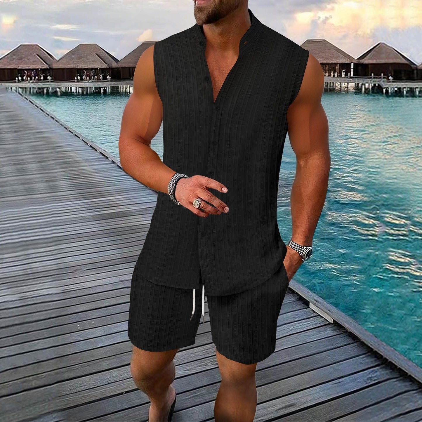 Freddy - Camisa sin mangas con botones y shorts para hombre