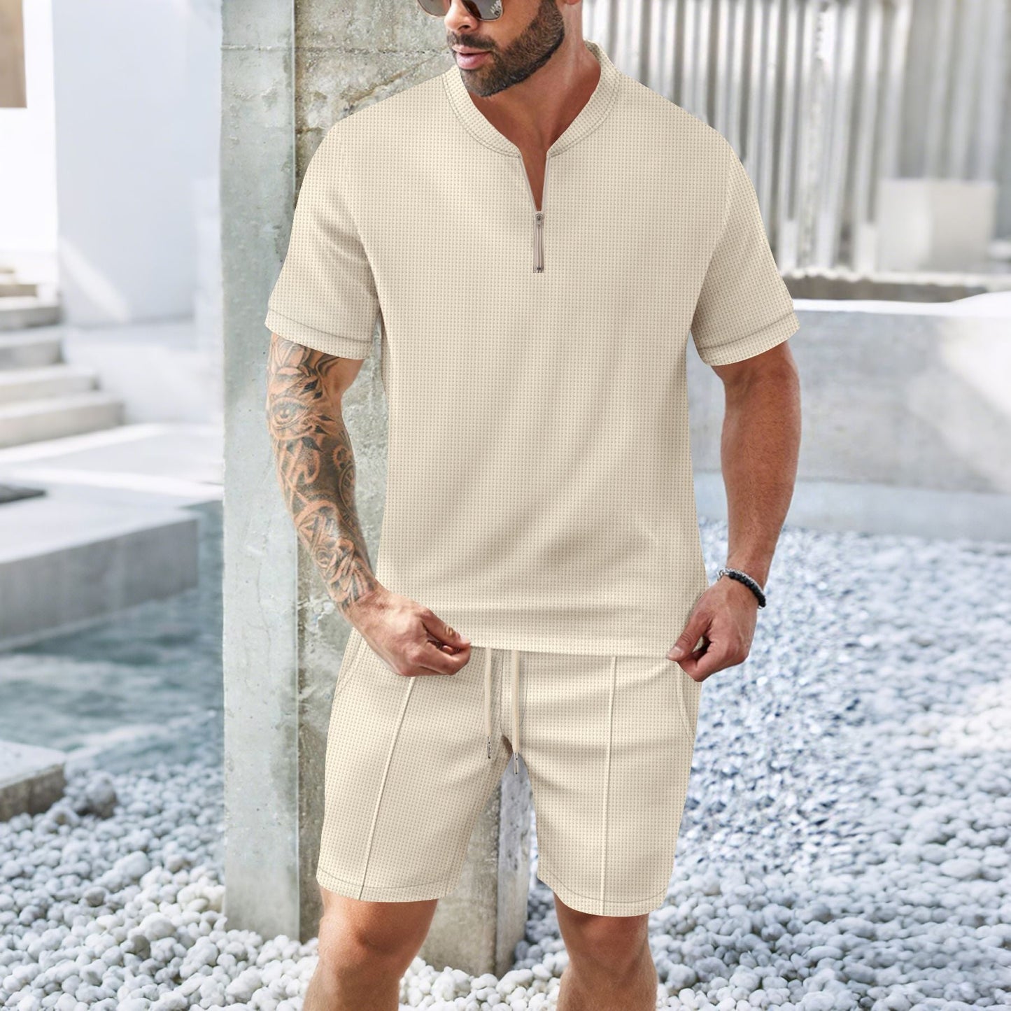 Dennis - Conjunto casual y transpirable de camisa con cremallera y shorts para hombre