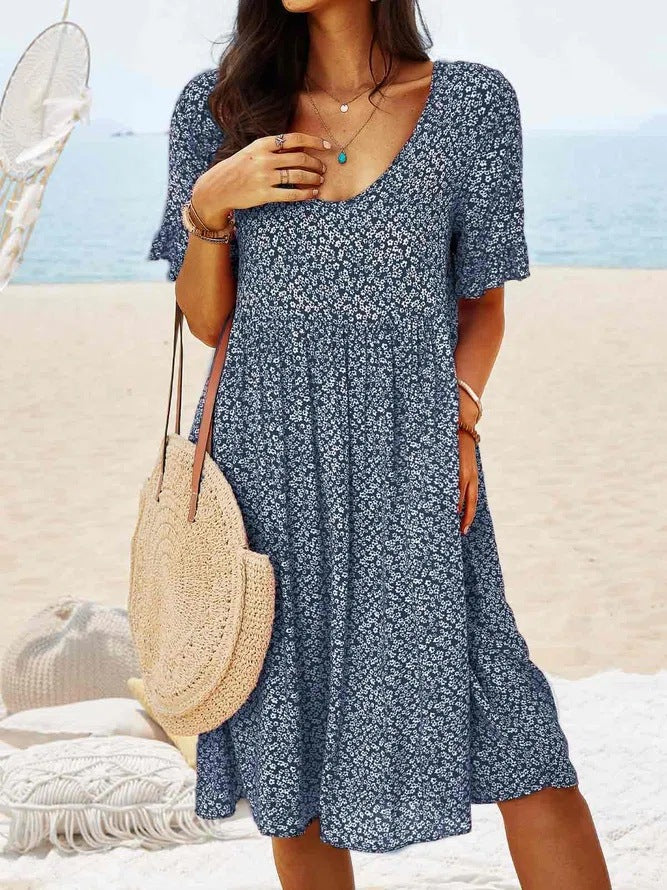 Emiely - Vestido casual suelto floral de manga corta
