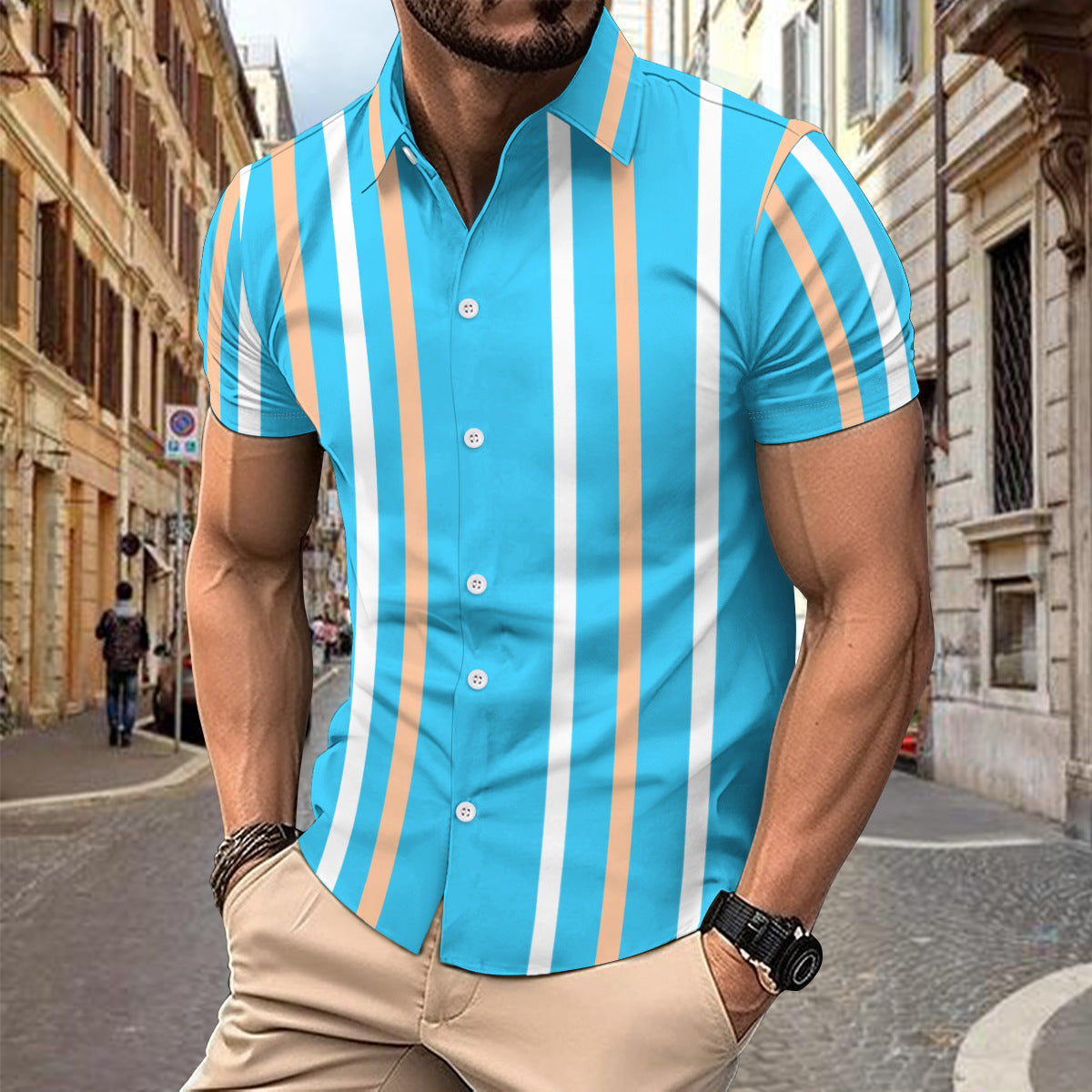 Caiden - Polo slim fit de rayas con botones y manga corta para hombre