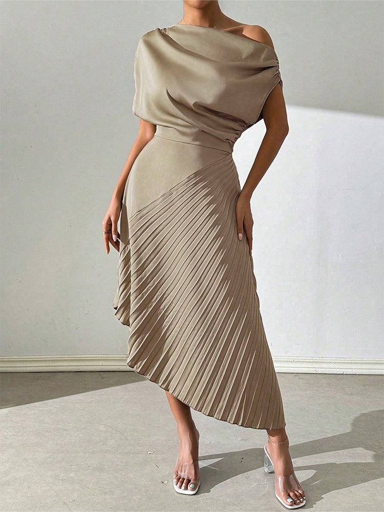 Arianna - Elegante vestido midi asimétrico con hombro descubierto y bajo inclinado