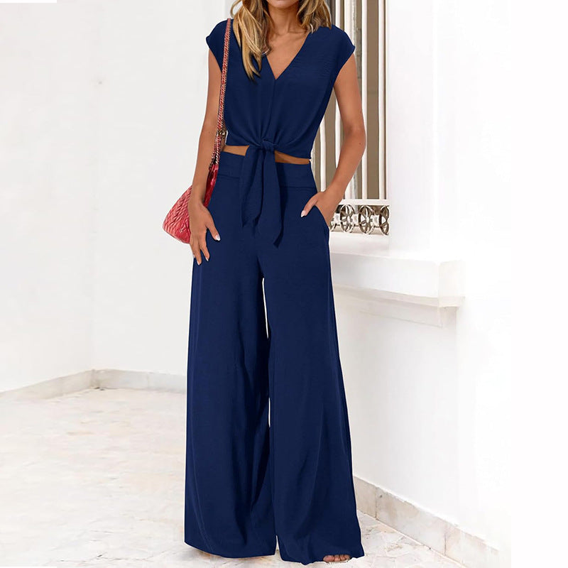 Analise - Elegante conjunto de top y pantalón de cintura alta y pernera ancha