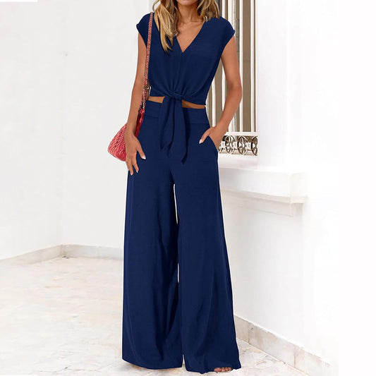 Analise - Elegante conjunto de top y pantalón de cintura alta y pernera ancha