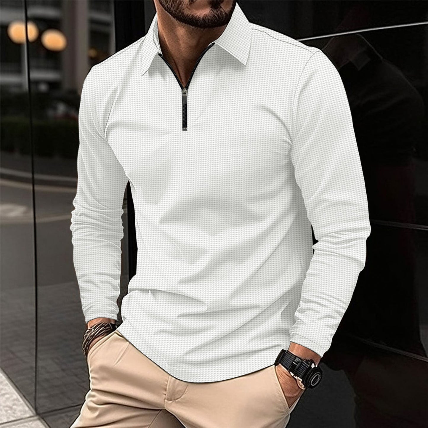 Alvar - Camisa casual slim fit de manga larga con cremallera para hombre