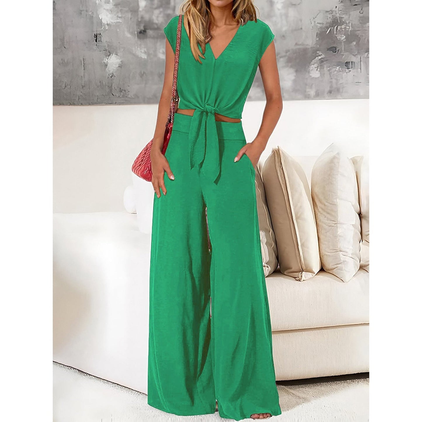Analise - Elegante conjunto de top y pantalón de cintura alta y pernera ancha