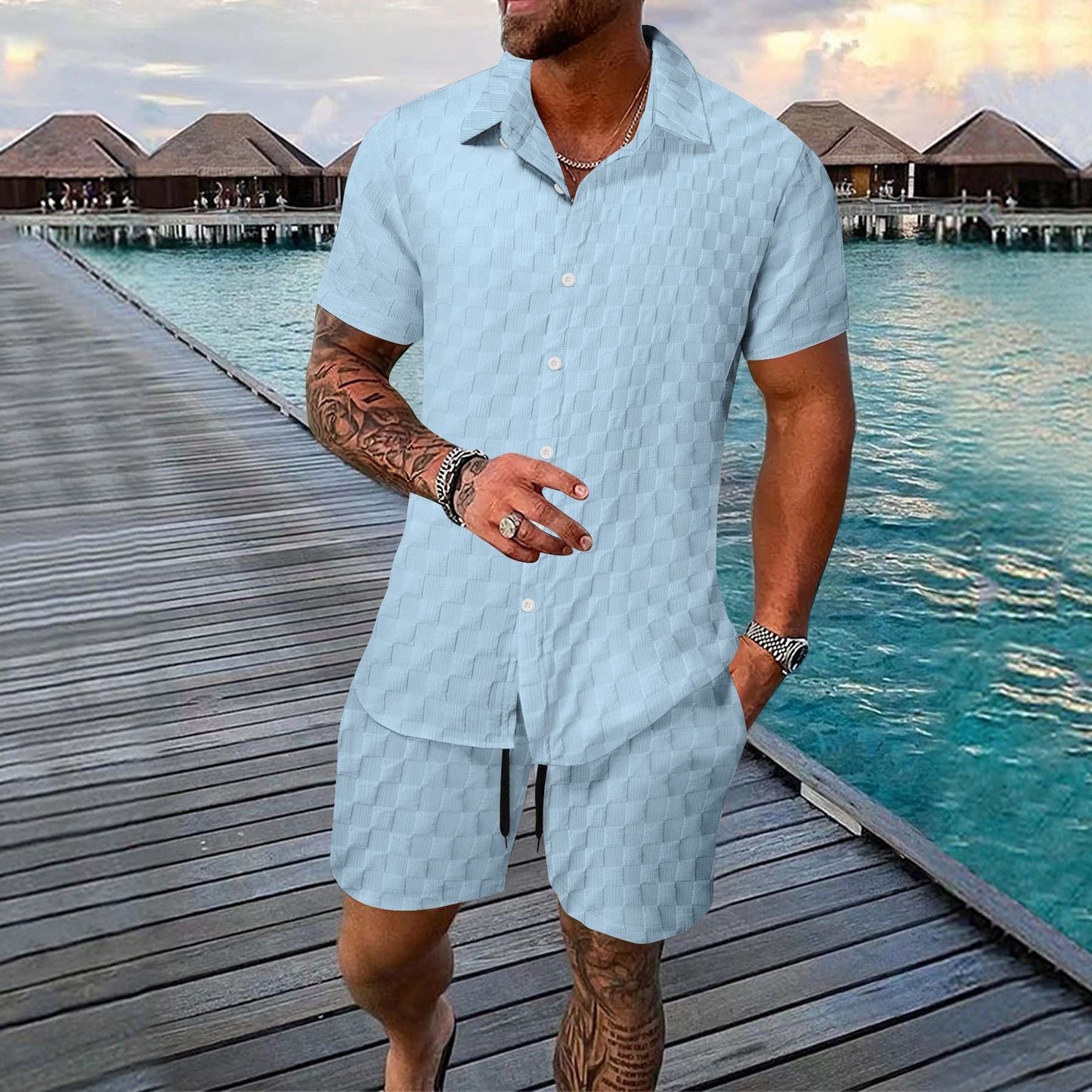 Gregor - Polo Jacquard con botones y shorts para hombre