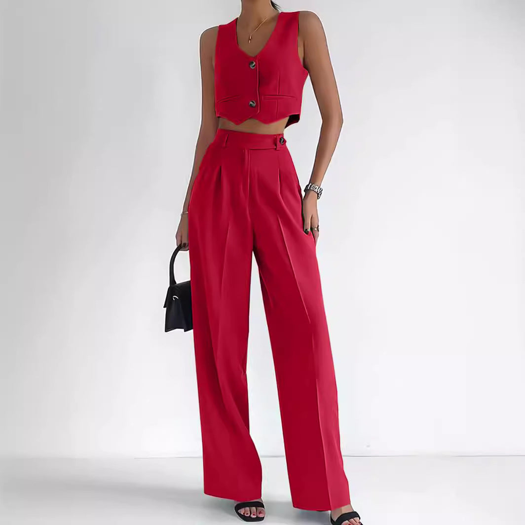 Marella - Elegante conjunto de chaleco recortado con cuello en V y botones delanteros y pantalón de cintura alta