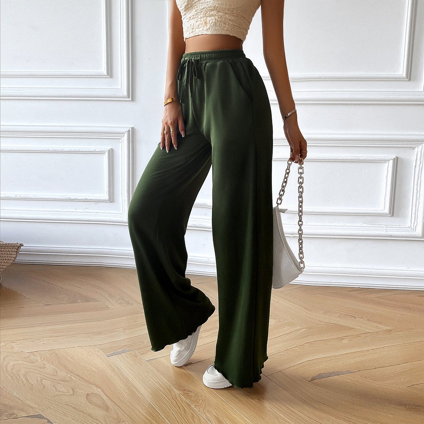 Emerald - Elegante pantalón de pierna ancha y cintura holgada con cordón