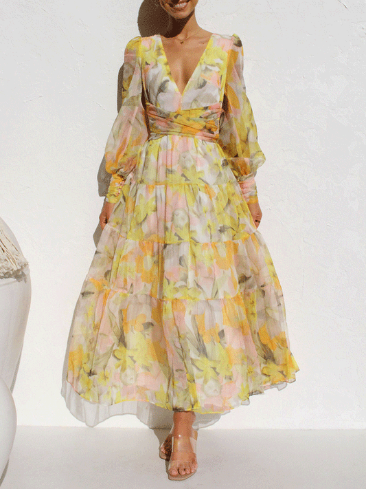 Sylvaine - Elegante maxivestido floral de manga larga