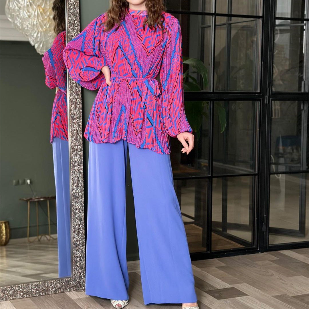 Sylvie - Elegante conjunto de blusa de manga abullonada y pantalón de pierna ancha