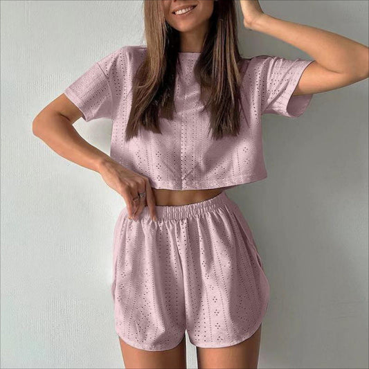 Briselle - Conjunto elegante de top corto con mangas cortas y pantalones cortos con ojales