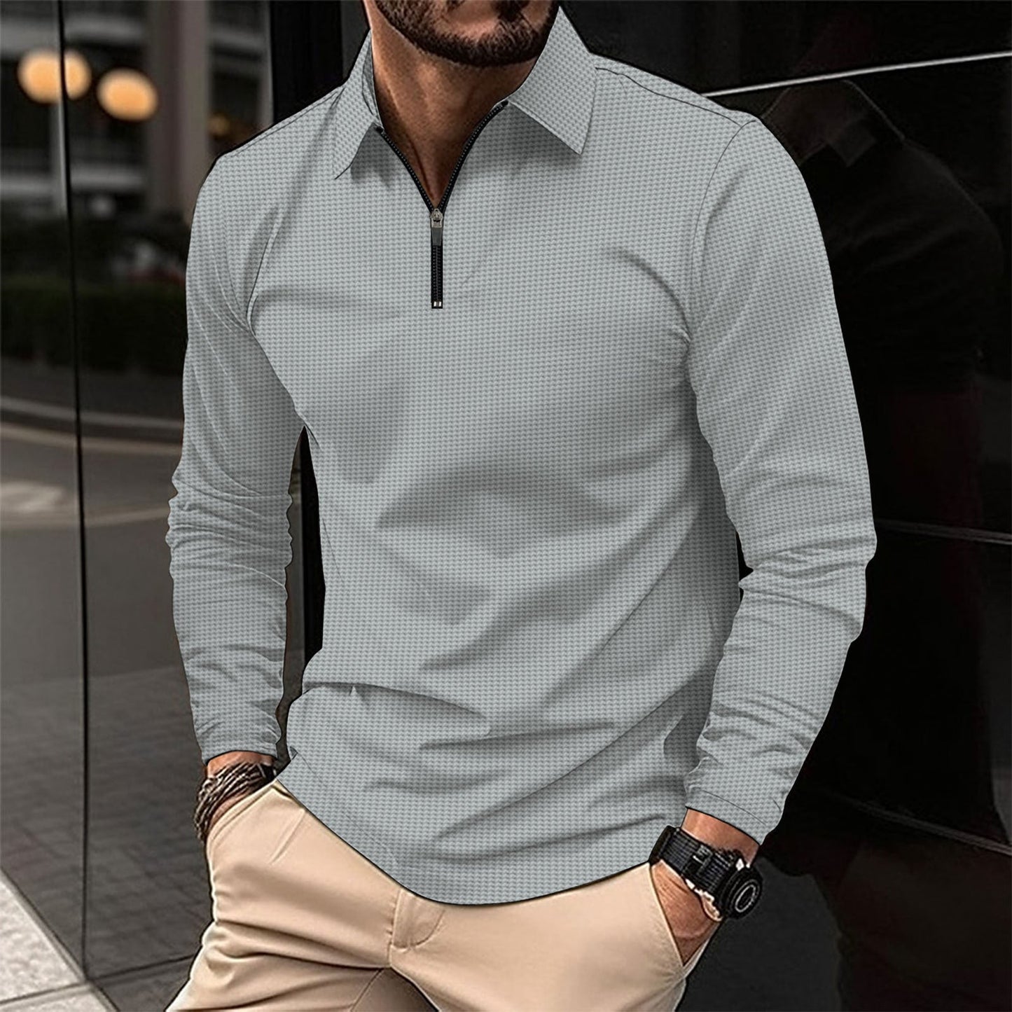 Alvar - Camisa casual slim fit de manga larga con cremallera para hombre