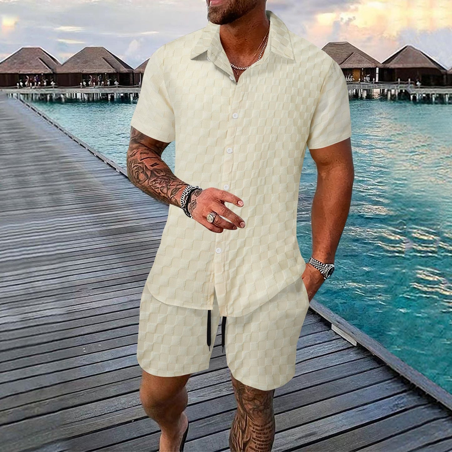 Gregor - Polo Jacquard con botones y shorts para hombre