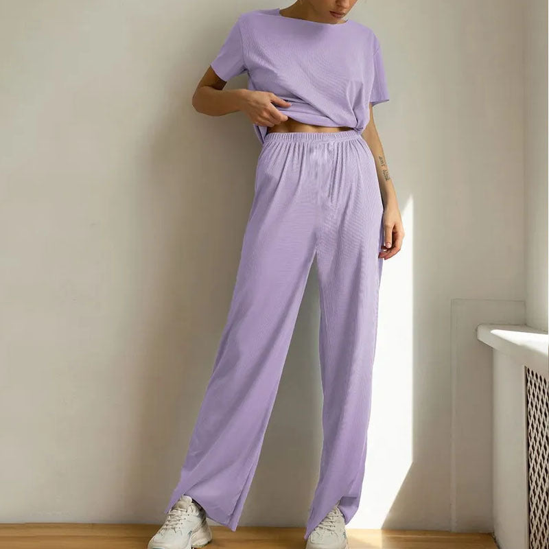 Beatriz - Conjunto casual de top de manga corta y pantalón de pierna ancha
