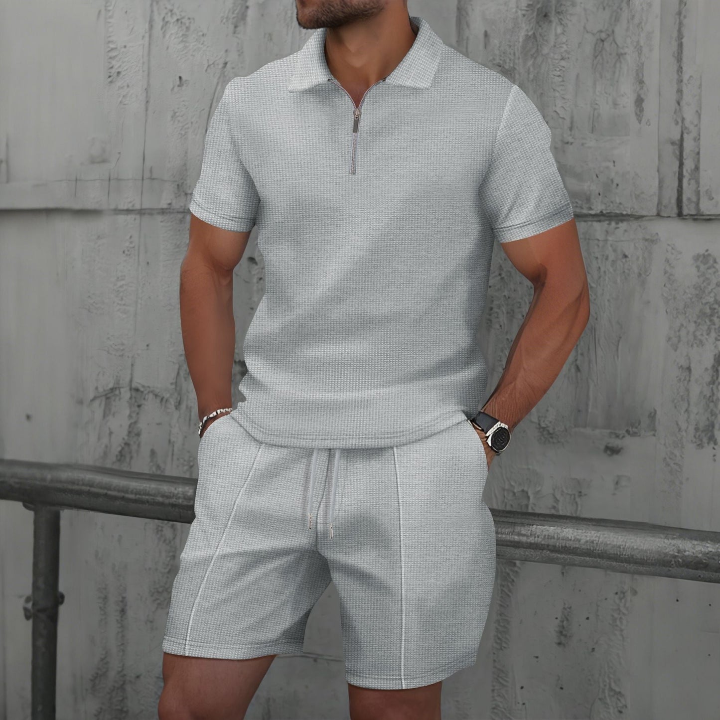 Almir - Conjunto casual de polo con medio cierre y shorts para hombre