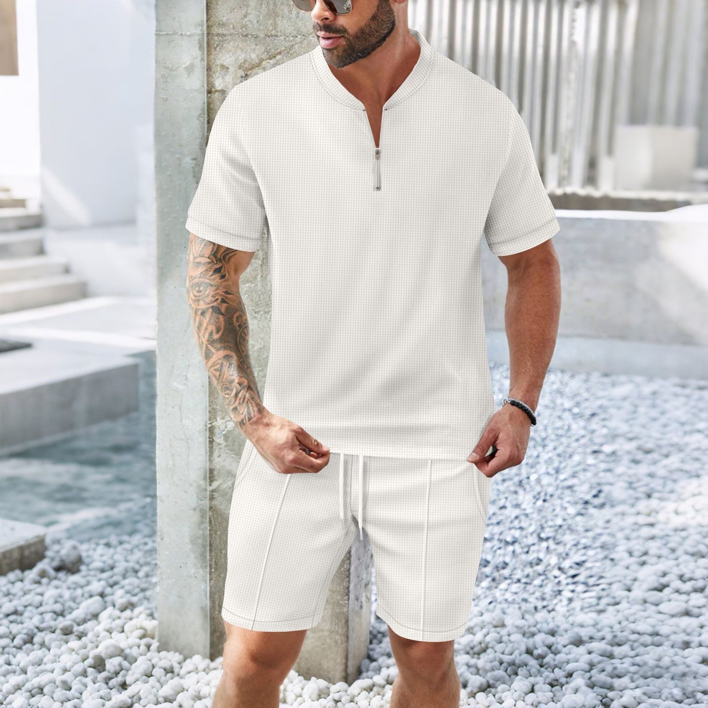 Dennis - Conjunto casual y transpirable de camisa con cremallera y shorts para hombre