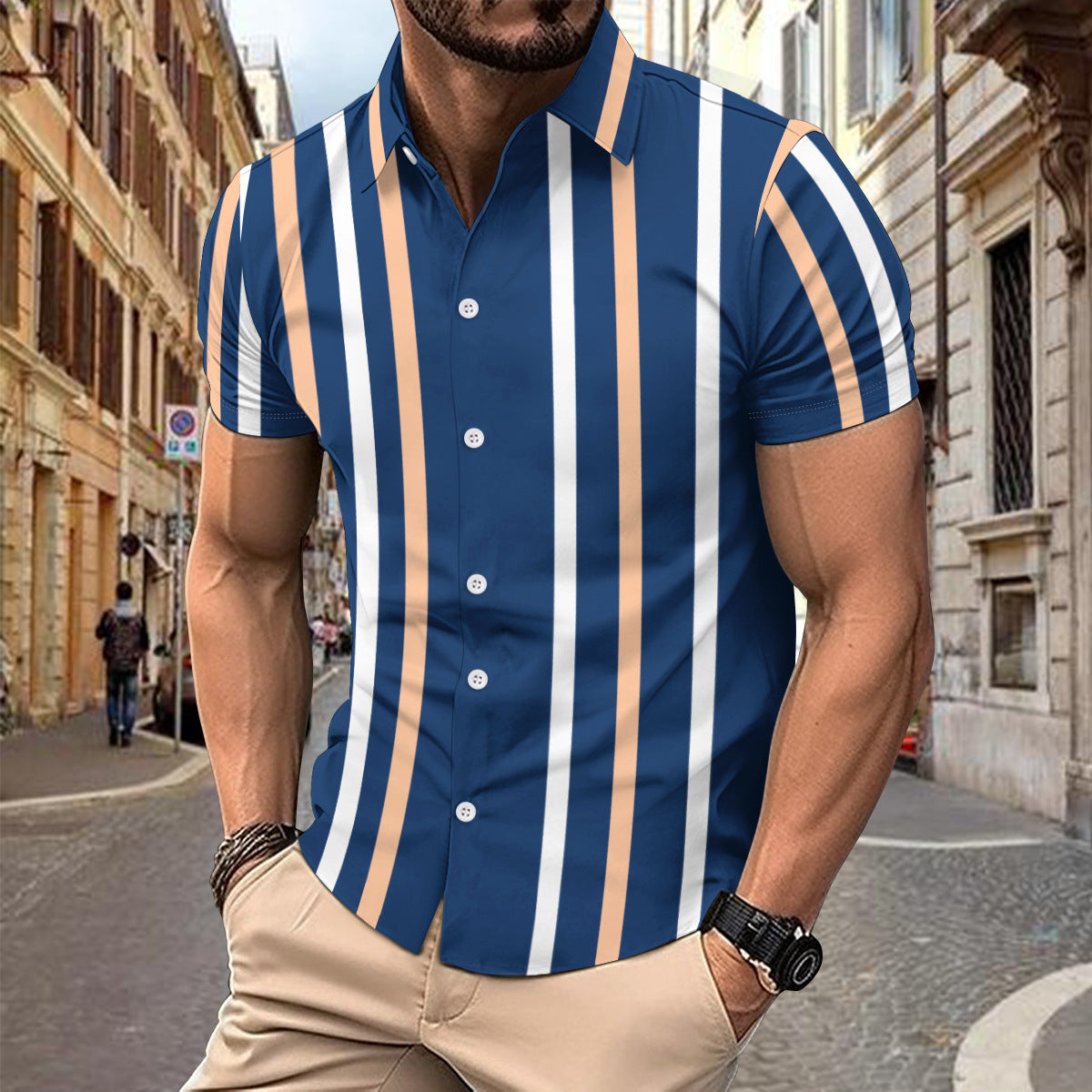 Caiden - Polo slim fit de rayas con botones y manga corta para hombre