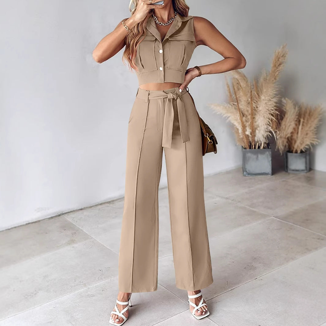 Lourdes - Elegante top sin mangas y pantalones anchos con cinturón en la cintura
