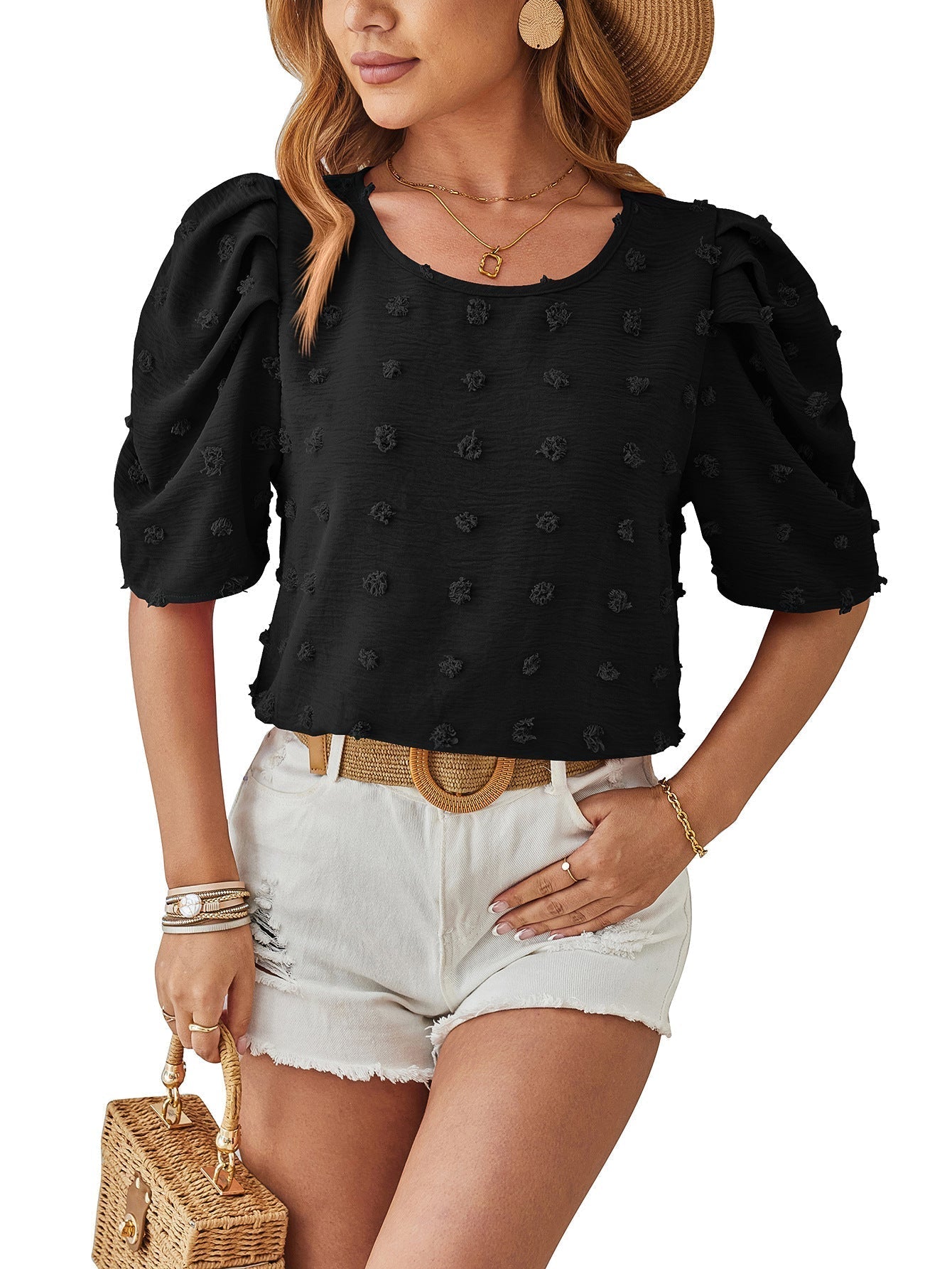 Willessa - Elegante blusa de manga abullonada de lunares suizos lisos