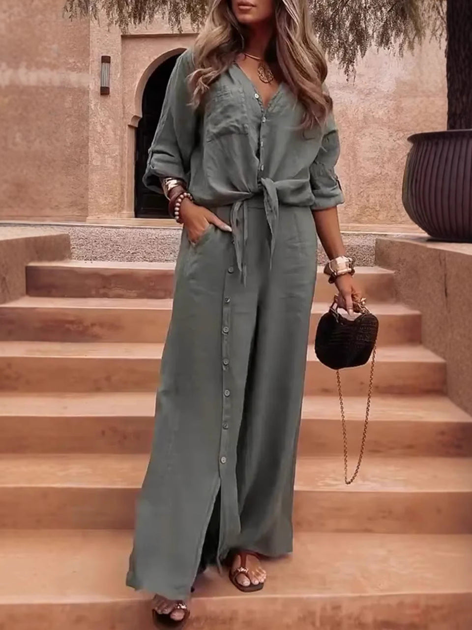 Averie - Conjunto de top informal con botones en la parte delantera y pantalones anchos