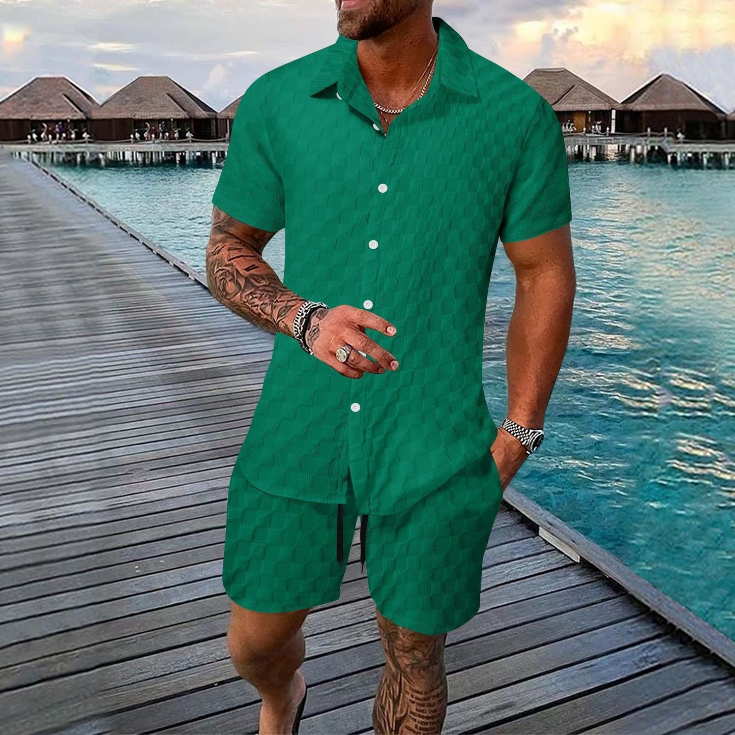 Gregor - Polo Jacquard con botones y shorts para hombre