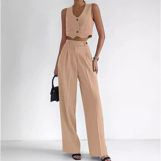 Marella - Elegante conjunto de chaleco recortado con cuello en V y botones delanteros y pantalón de cintura alta