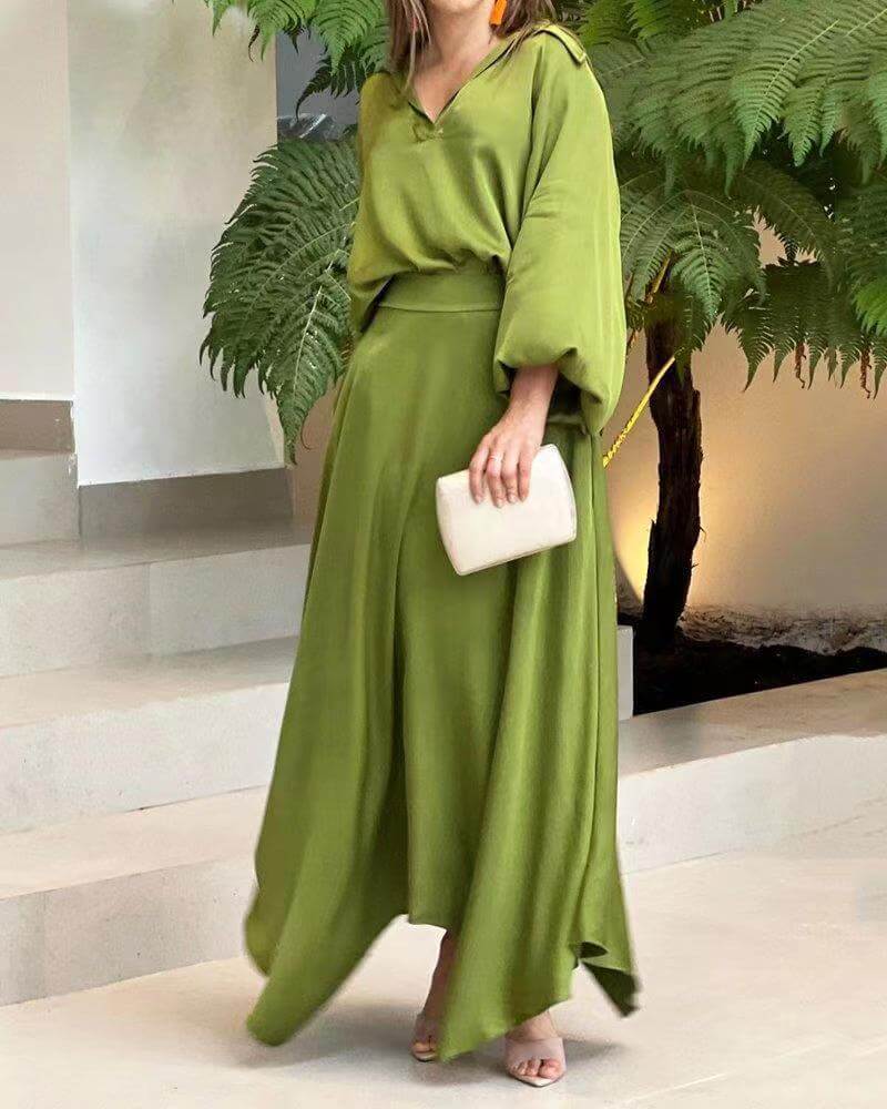Olivine - Elegante maxivestido suelto de manga larga