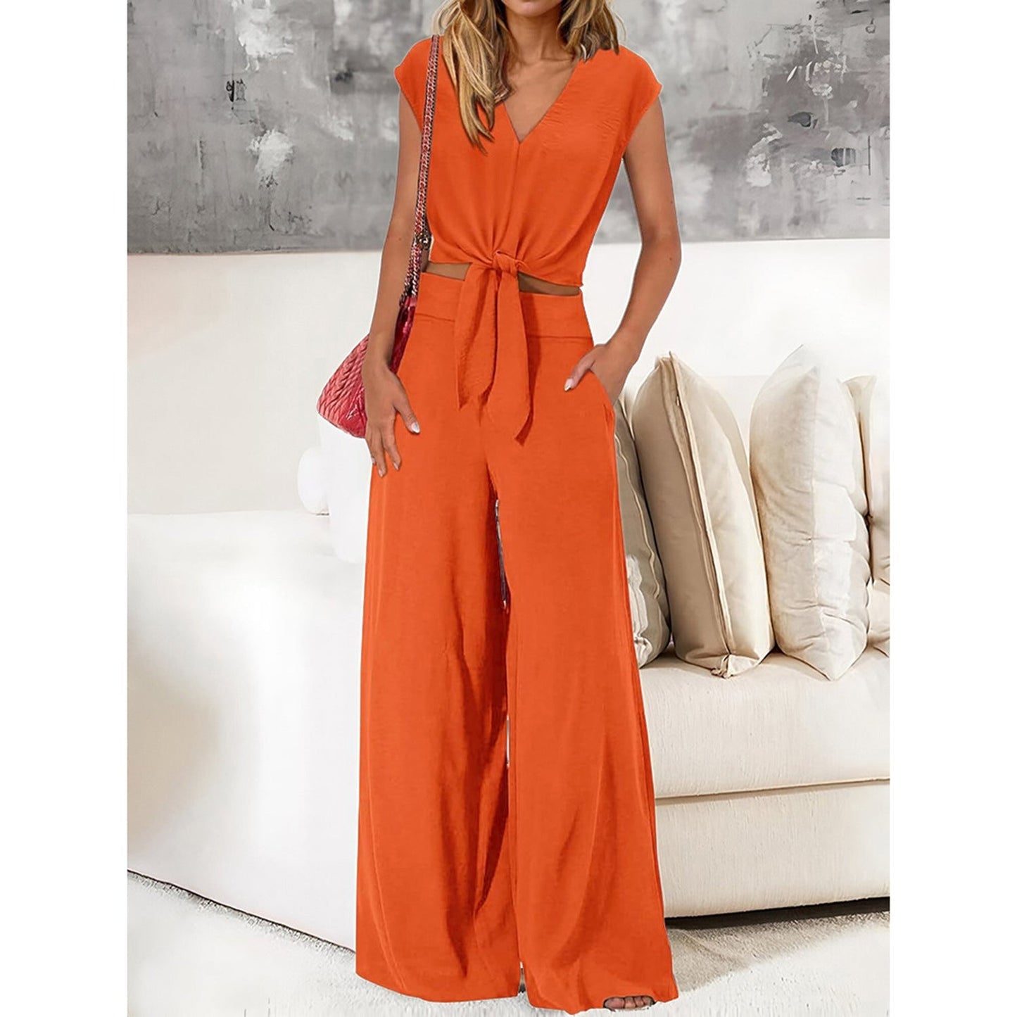Analise - Elegante conjunto de top y pantalón de cintura alta y pernera ancha