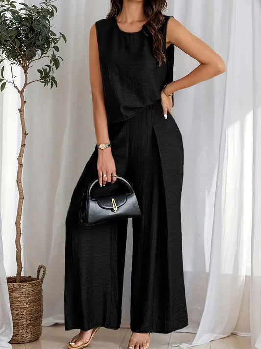 Carmina - Top casual sin mangas y pantalón de pierna ancha