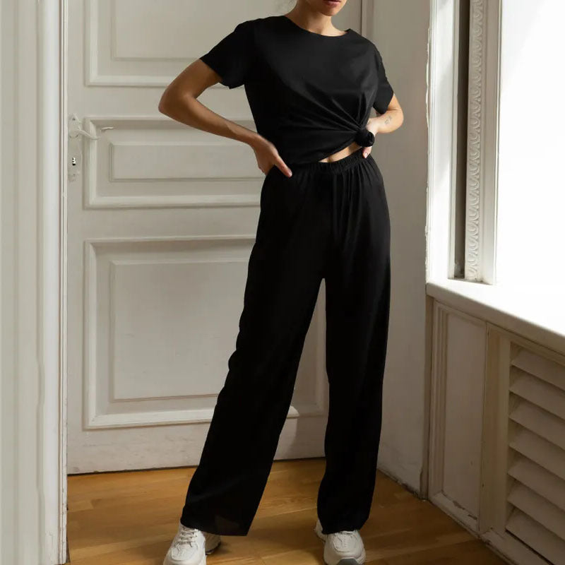 Beatriz - Conjunto casual de top de manga corta y pantalón de pierna ancha