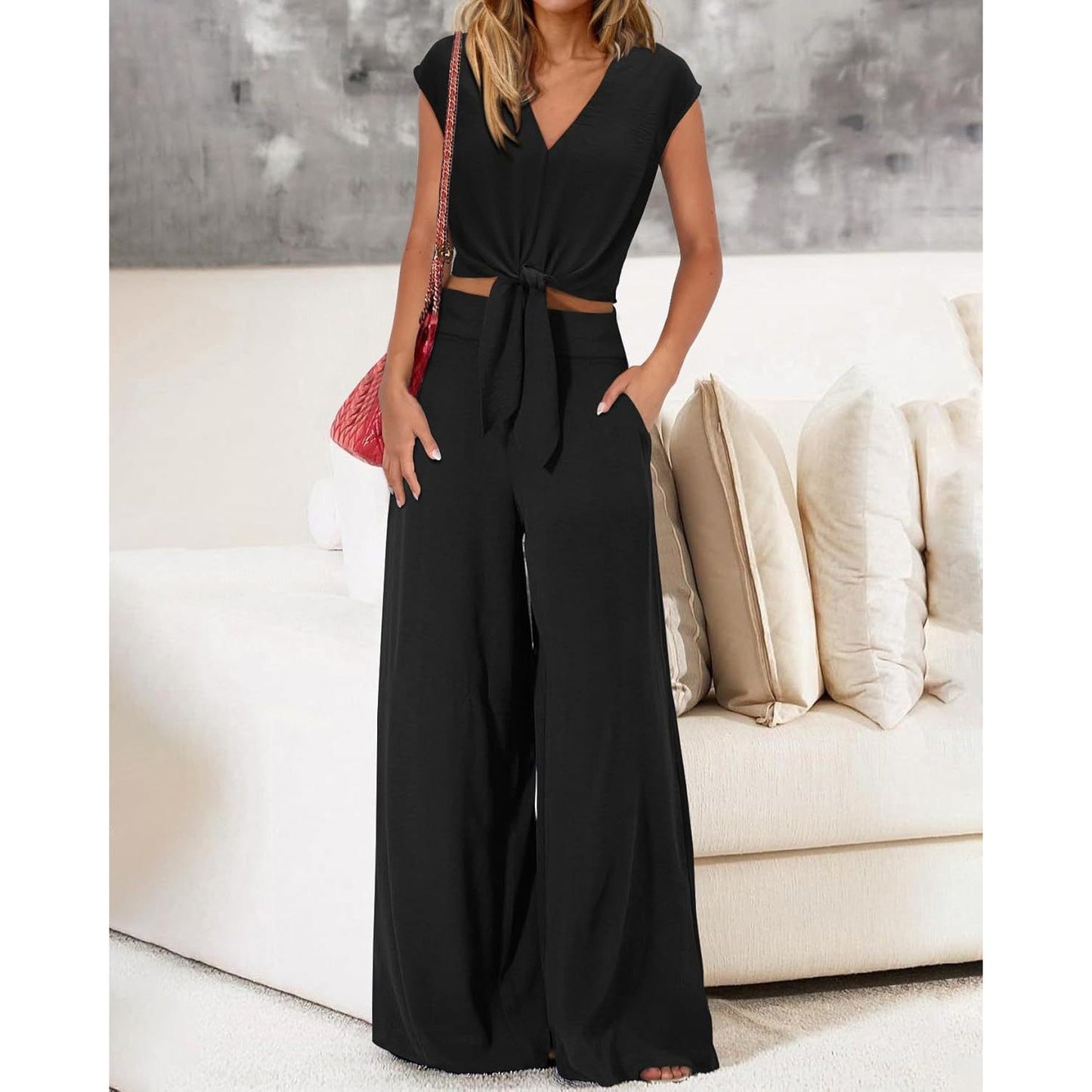 Analise - Elegante conjunto de top y pantalón de cintura alta y pernera ancha