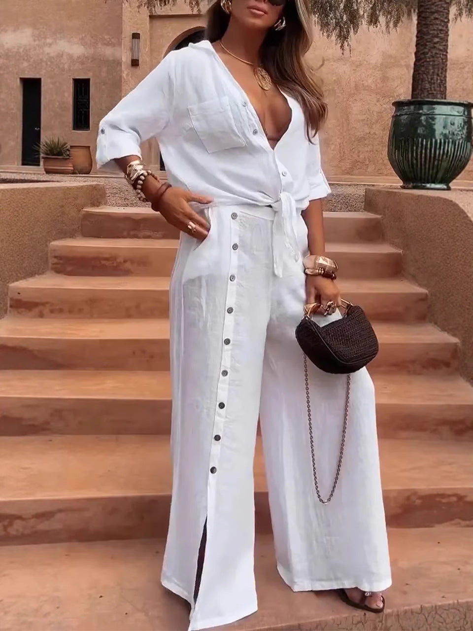 Averie - Conjunto de top informal con botones en la parte delantera y pantalones anchos