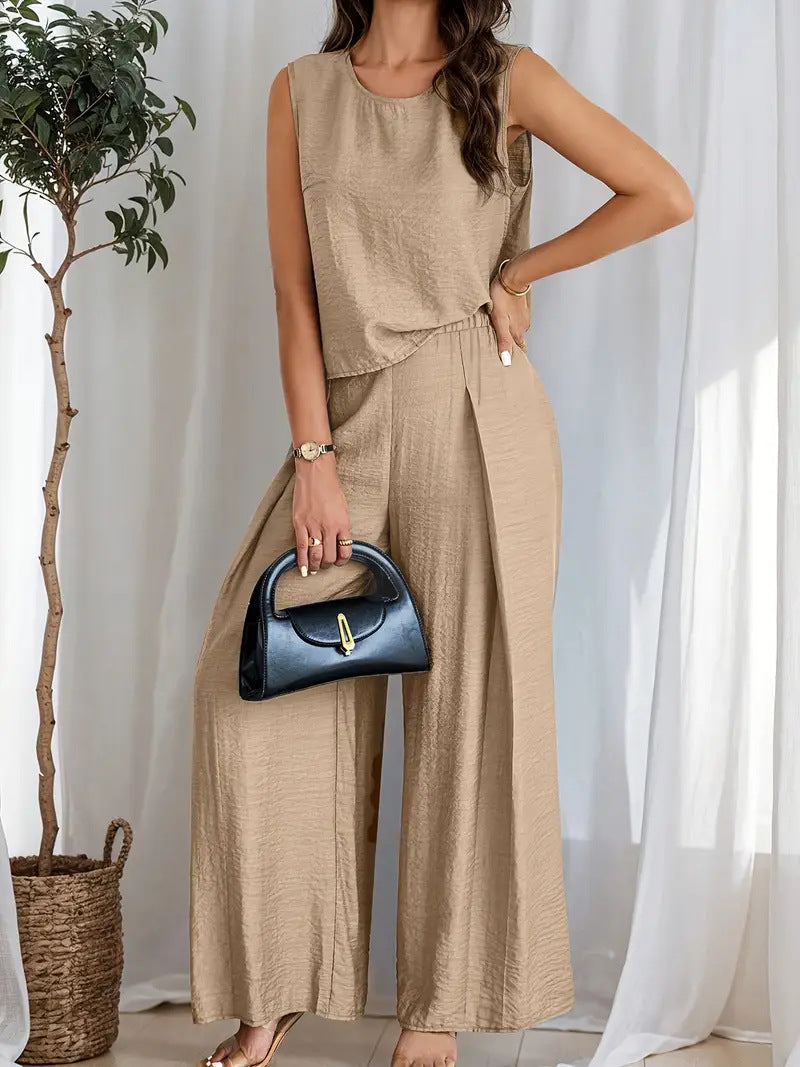 Carmina - Top casual sin mangas y pantalón de pierna ancha