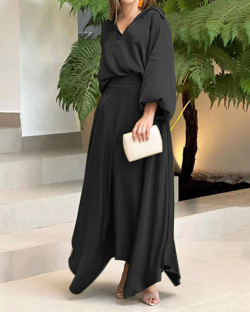 Olivine - Elegante maxivestido suelto de manga larga