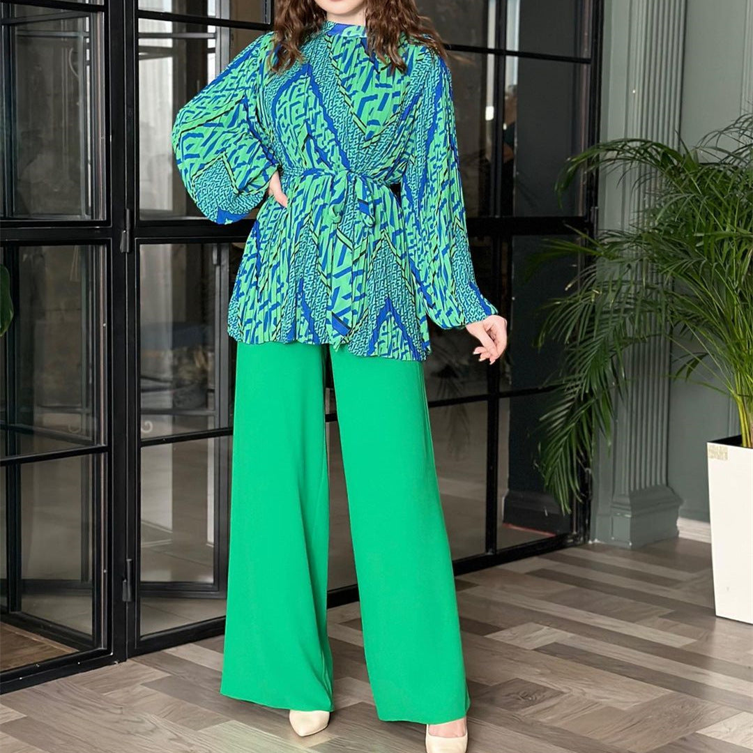 Sylvie - Elegante conjunto de blusa de manga abullonada y pantalón de pierna ancha