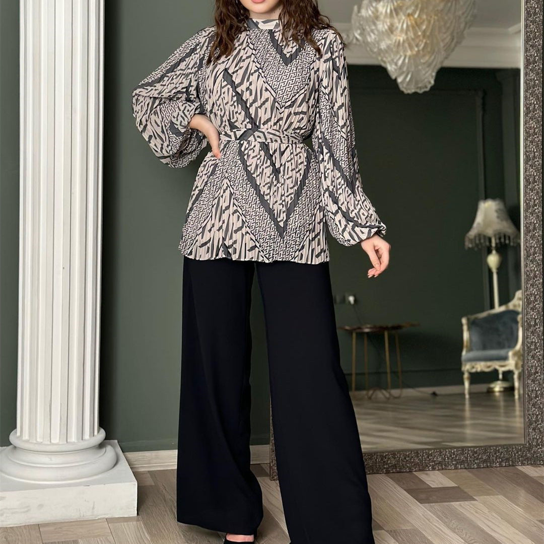 Sylvie - Elegante conjunto de blusa de manga abullonada y pantalón de pierna ancha