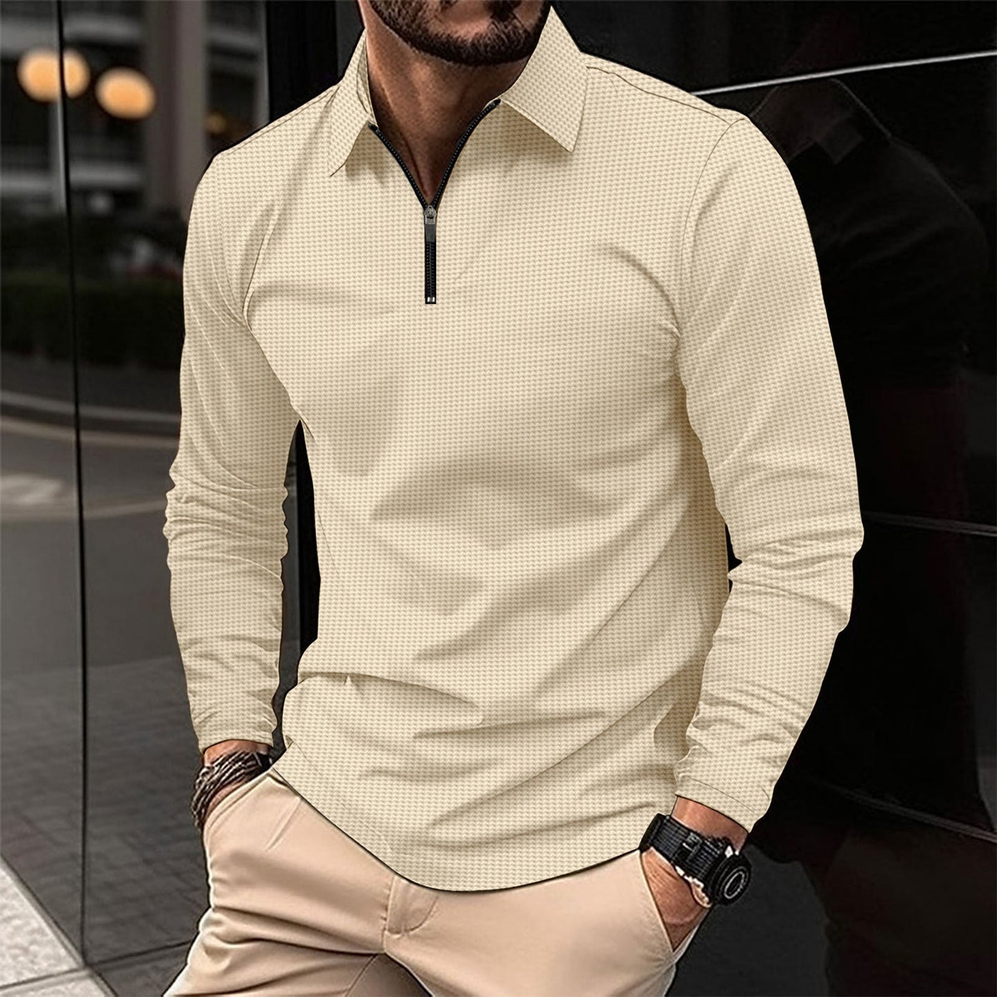 Alvar - Camisa casual slim fit de manga larga con cremallera para hombre