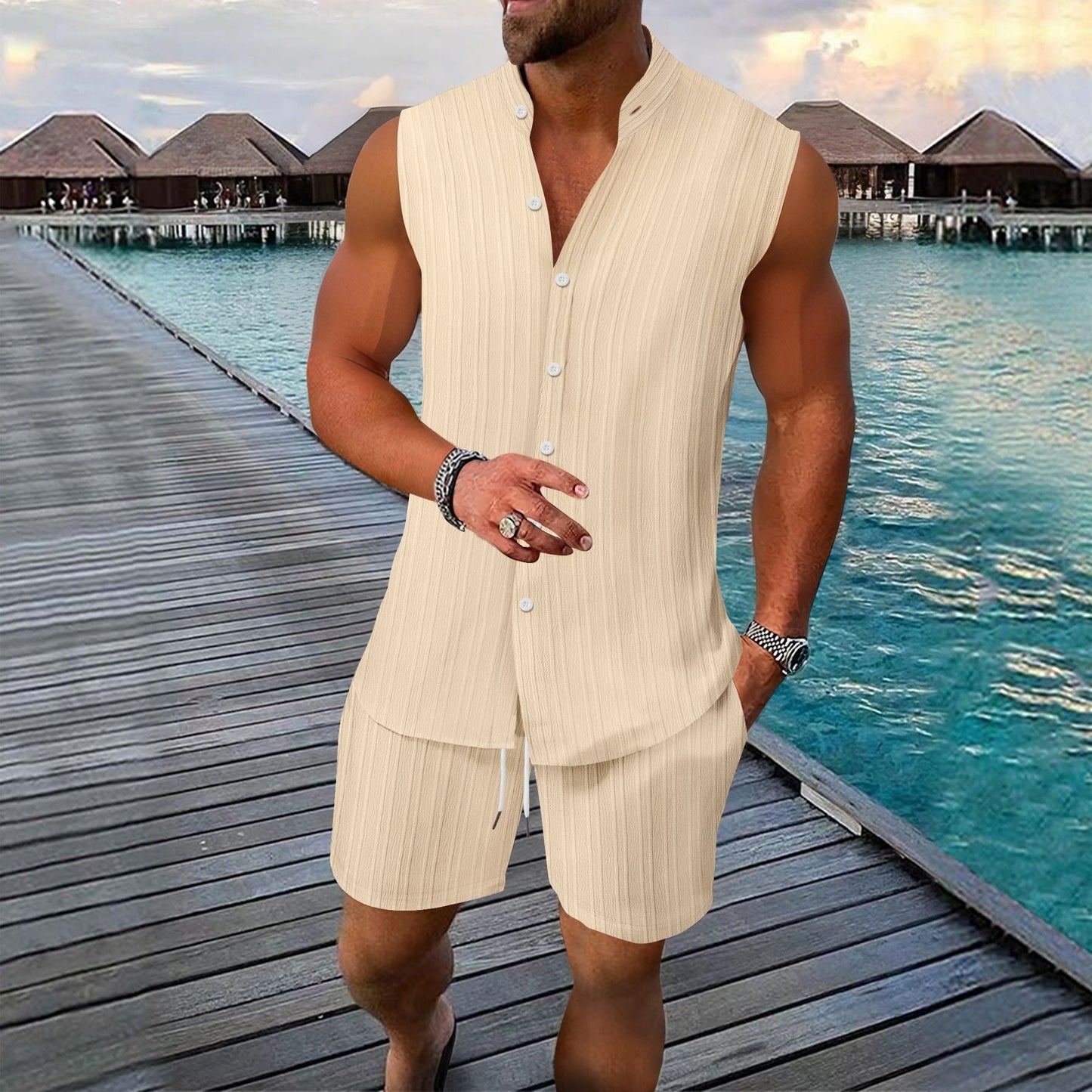 Freddy - Camisa sin mangas con botones y shorts para hombre