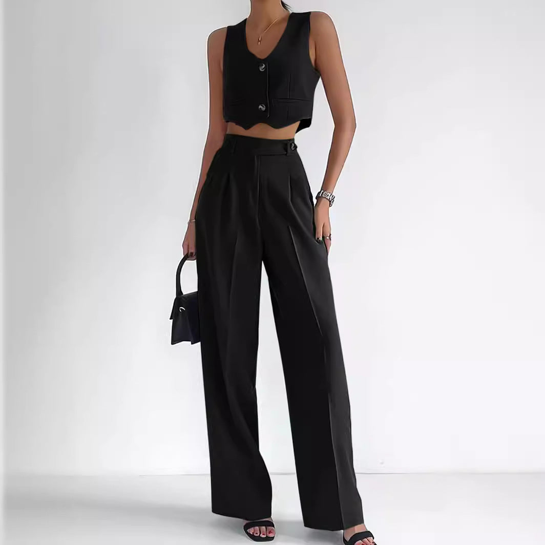 Marella - Elegante conjunto de chaleco recortado con cuello en V y botones delanteros y pantalón de cintura alta