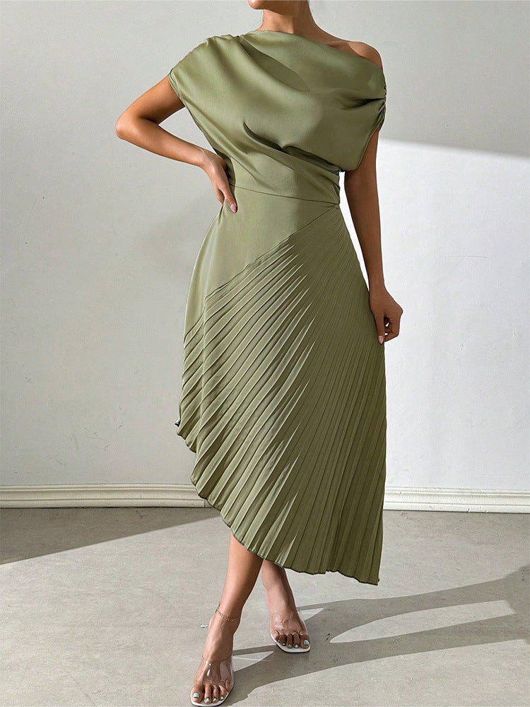 Arianna - Elegante vestido midi asimétrico con hombro descubierto y bajo inclinado