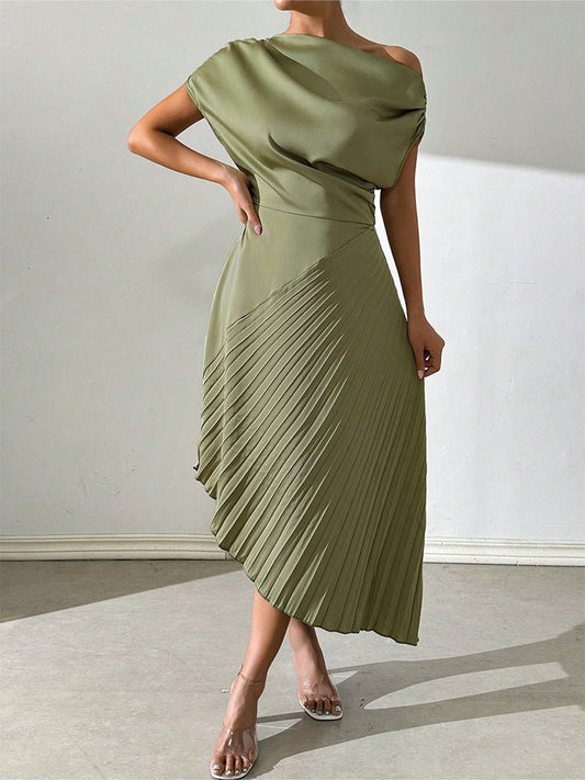 Arianna - Elegante vestido midi asimétrico con hombro descubierto y bajo inclinado