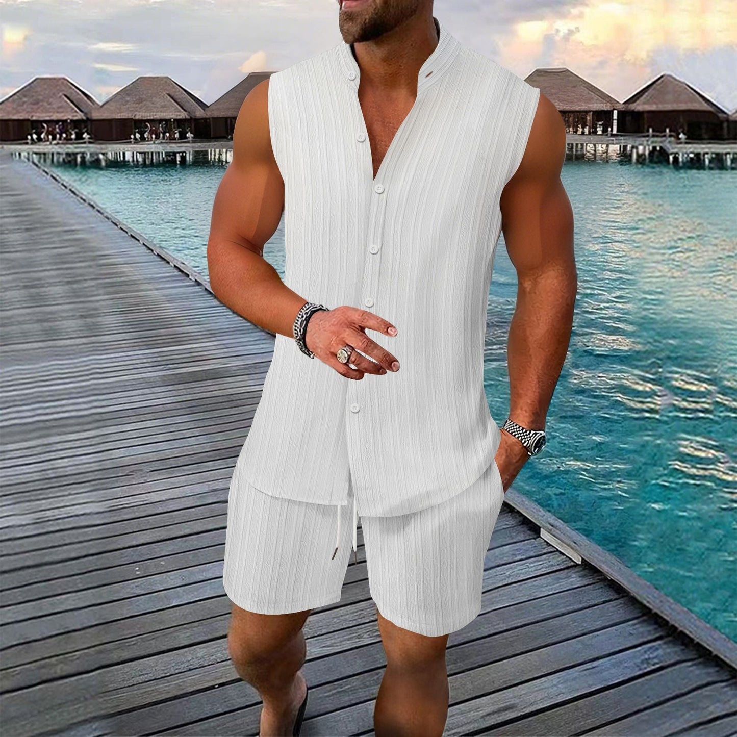 Freddy - Camisa sin mangas con botones y shorts para hombre