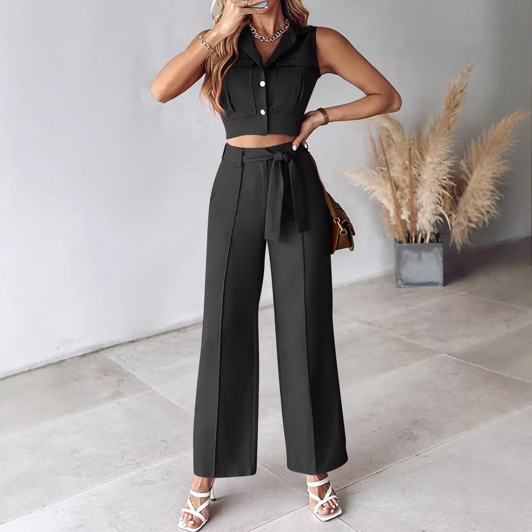 Lourdes - Elegante top sin mangas y pantalones anchos con cinturón en la cintura