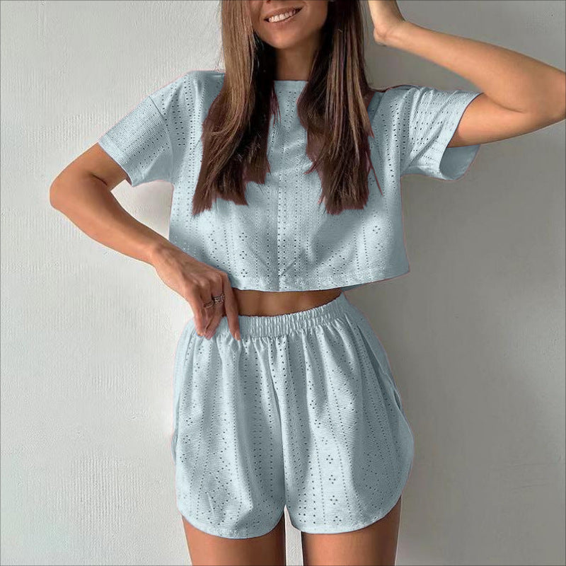 Briselle - Conjunto elegante de top corto con mangas cortas y pantalones cortos con ojales