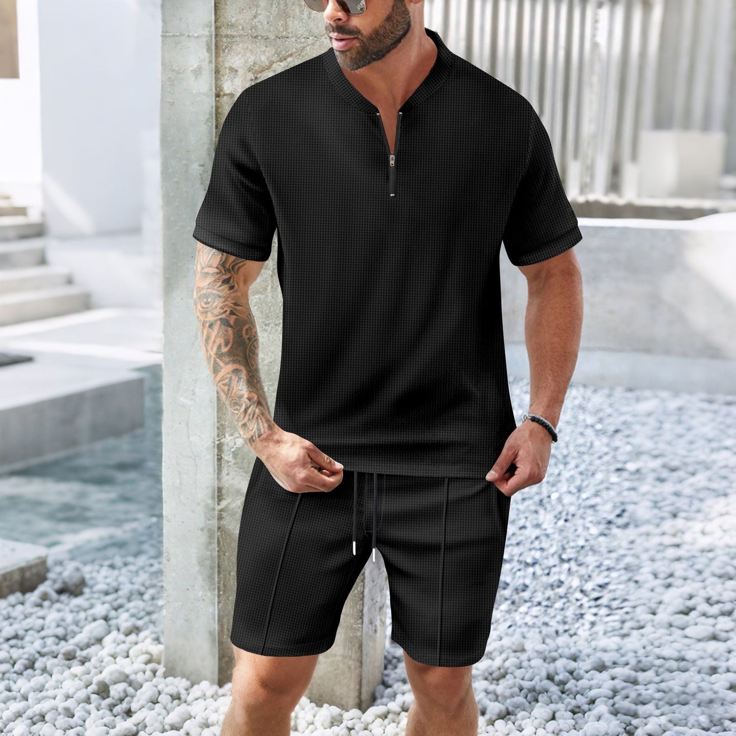 Dennis - Conjunto casual y transpirable de camisa con cremallera y shorts para hombre
