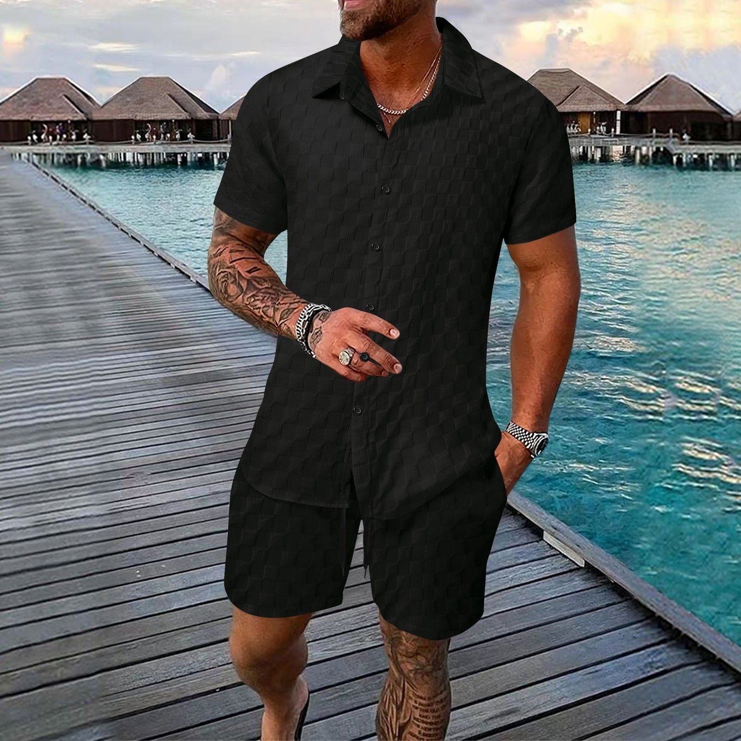 Gregor - Polo Jacquard con botones y shorts para hombre