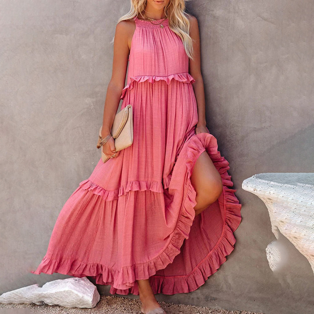 Alaina - Elegante maxi vestido sin mangas con volantes